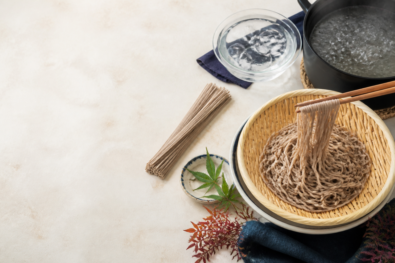 蕎麥麵煮製、瀝水與冰水沖洗步驟